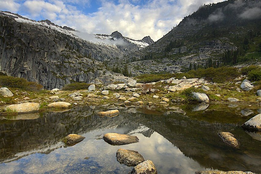 A tarn near Upper Canyon Creek Lake, with Wedding Cake and Thompson Peak