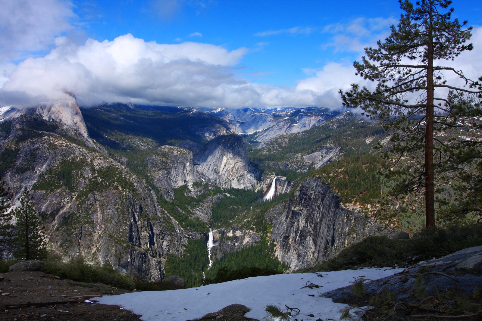 Vernal and Nevada Falls below Little Yosemite Valley, with Half Dome at left