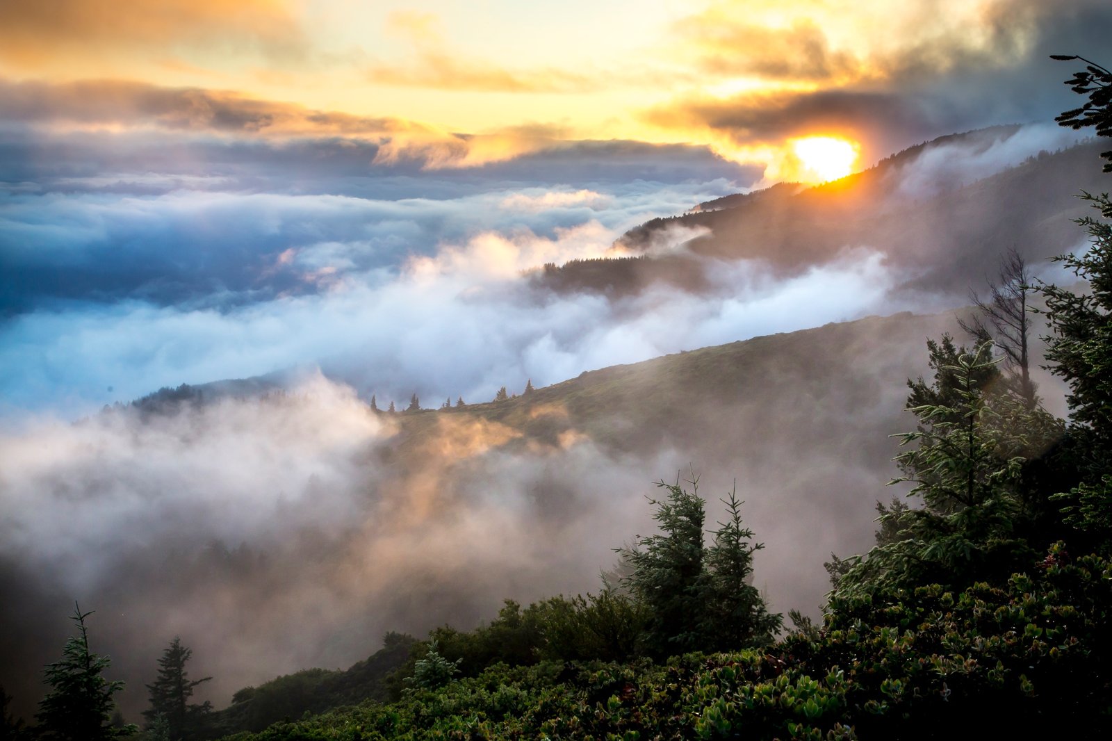 Fog and sunset over the King Range