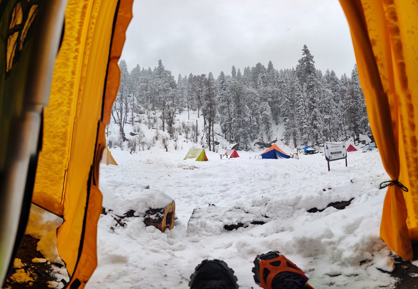 View from inside a tent doorway onto a snowy campsite with colorful tents and snow-covered pines